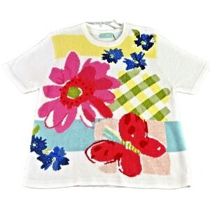 220 Hickory Womens M White Floral Sweater Embroidered Short Sleeve Top Cottage